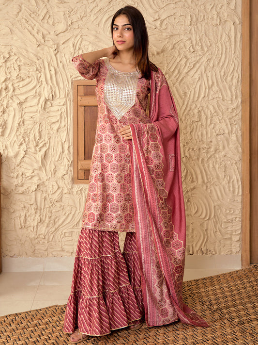 Floral Yoke Design Round Neck Three-Quarter Sleeves Gotta Patti Kurta Set