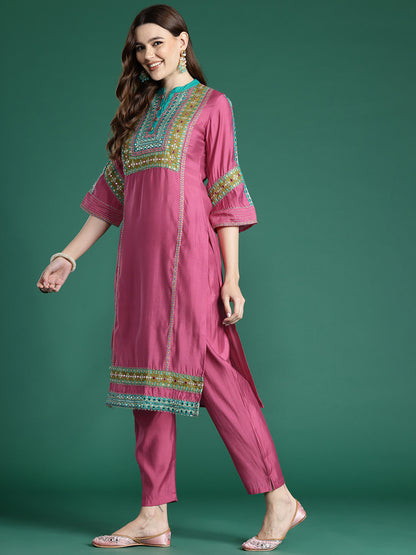 Ethnic Motifs Embroidered Panelled Mirror Work Kurta With Trousers & Dupatta