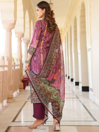 Dhiyona KL Floral Printed Round Neck Straight Kurta With Trousers And Dupatta