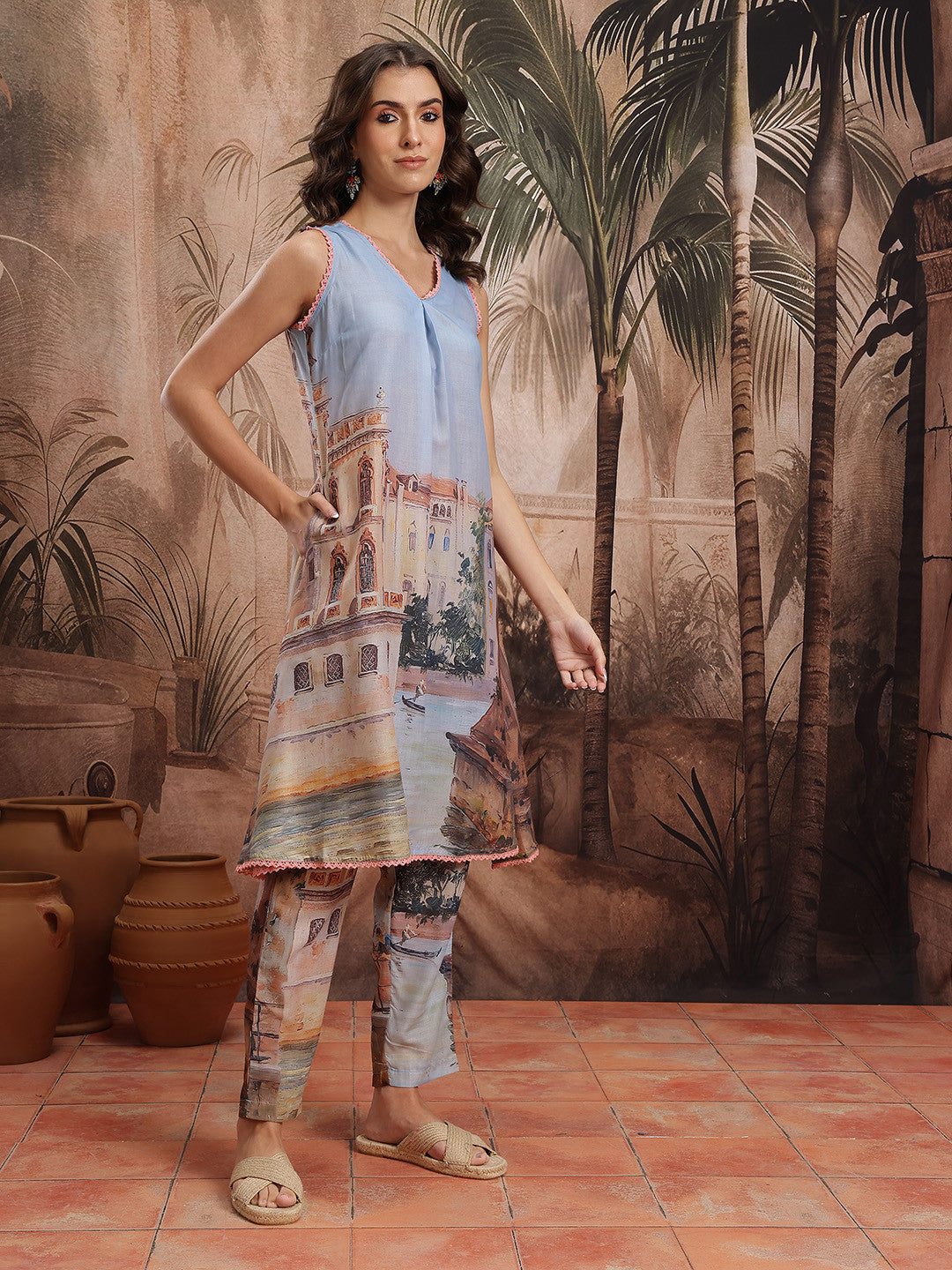 Tropical Printed Lace Insert Detail V-Neck Sleeveless A-Line Kurta with Trousers