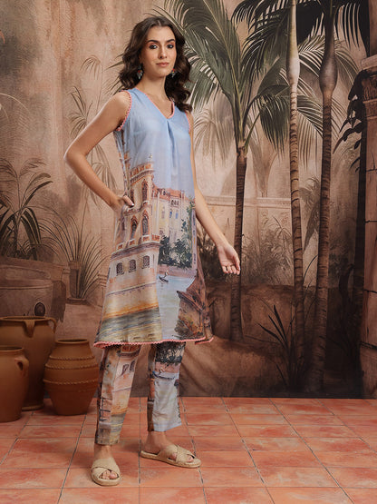 Tropical Printed Lace Insert Detail V-Neck Sleeveless A-Line Kurta with Trousers