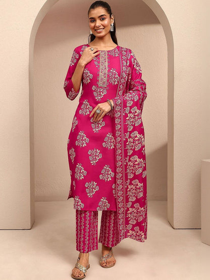 Women Floral Printed Regular Thread Work Kurta with Trousers & With Dupatta
