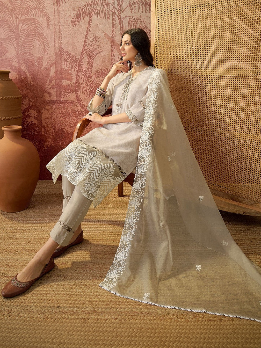 Embroidered Cotton Blend V-Neck Kurta & Trousers Kurta Set