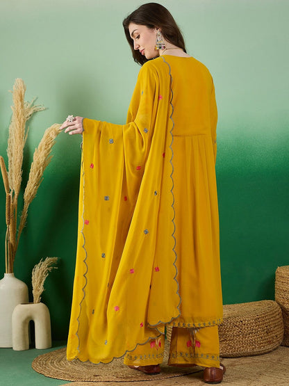 Dhiyona KL Floral Embroidered Thread Work Kurta With Palazzo & Dupatta
