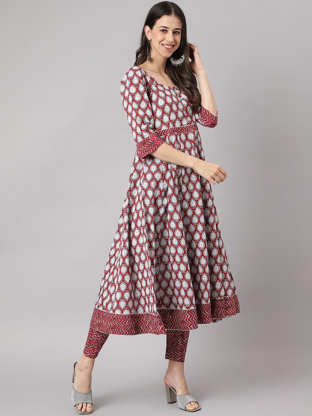 Dhiyona KL Ethnic Motifs Printed Pure Cotton Anarkali Kurta & Trousers With Dupatta