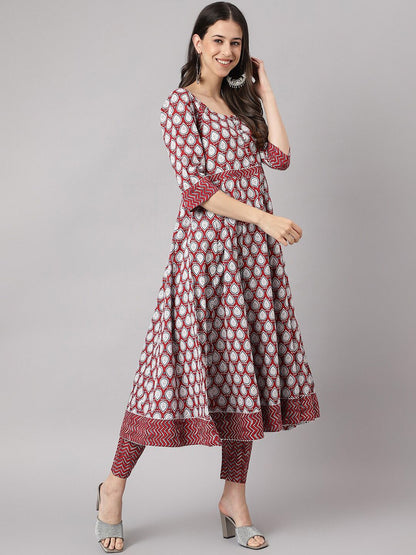 Dhiyona KL Ethnic Motifs Printed Pure Cotton Anarkali Kurta & Trousers With Dupatta