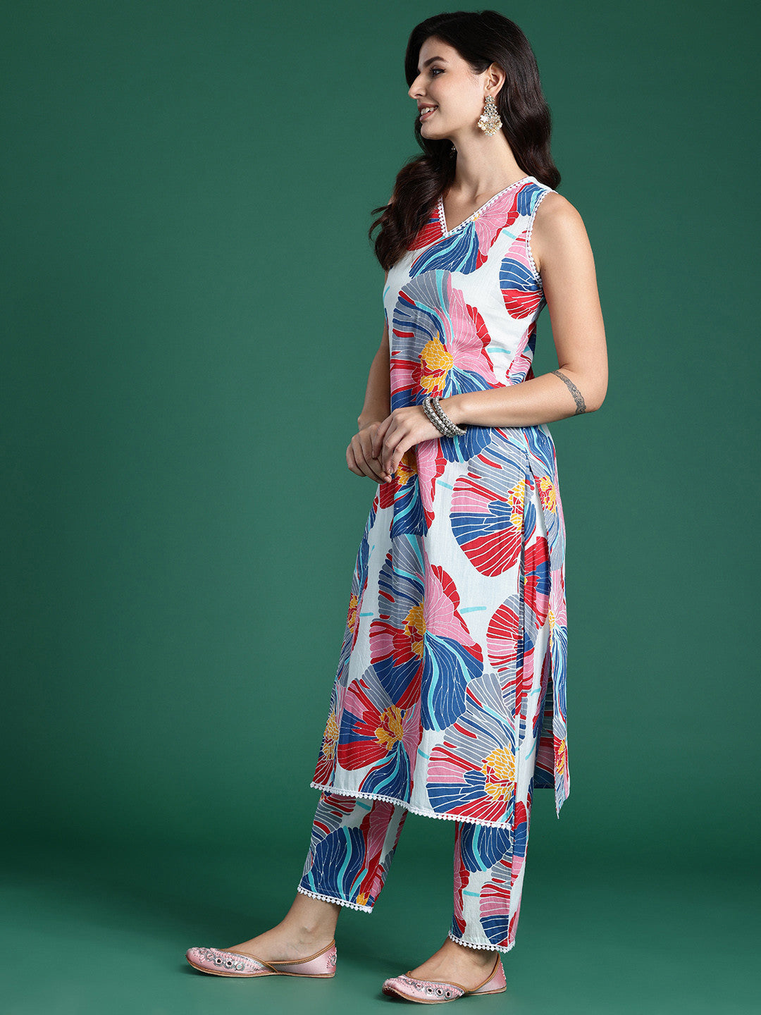 Floral Printed Pure Cotton Kurta with Trousers
