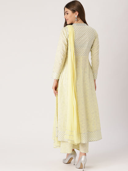 Women Yellow & White Printed Kurta with Palazzos & Dupatta