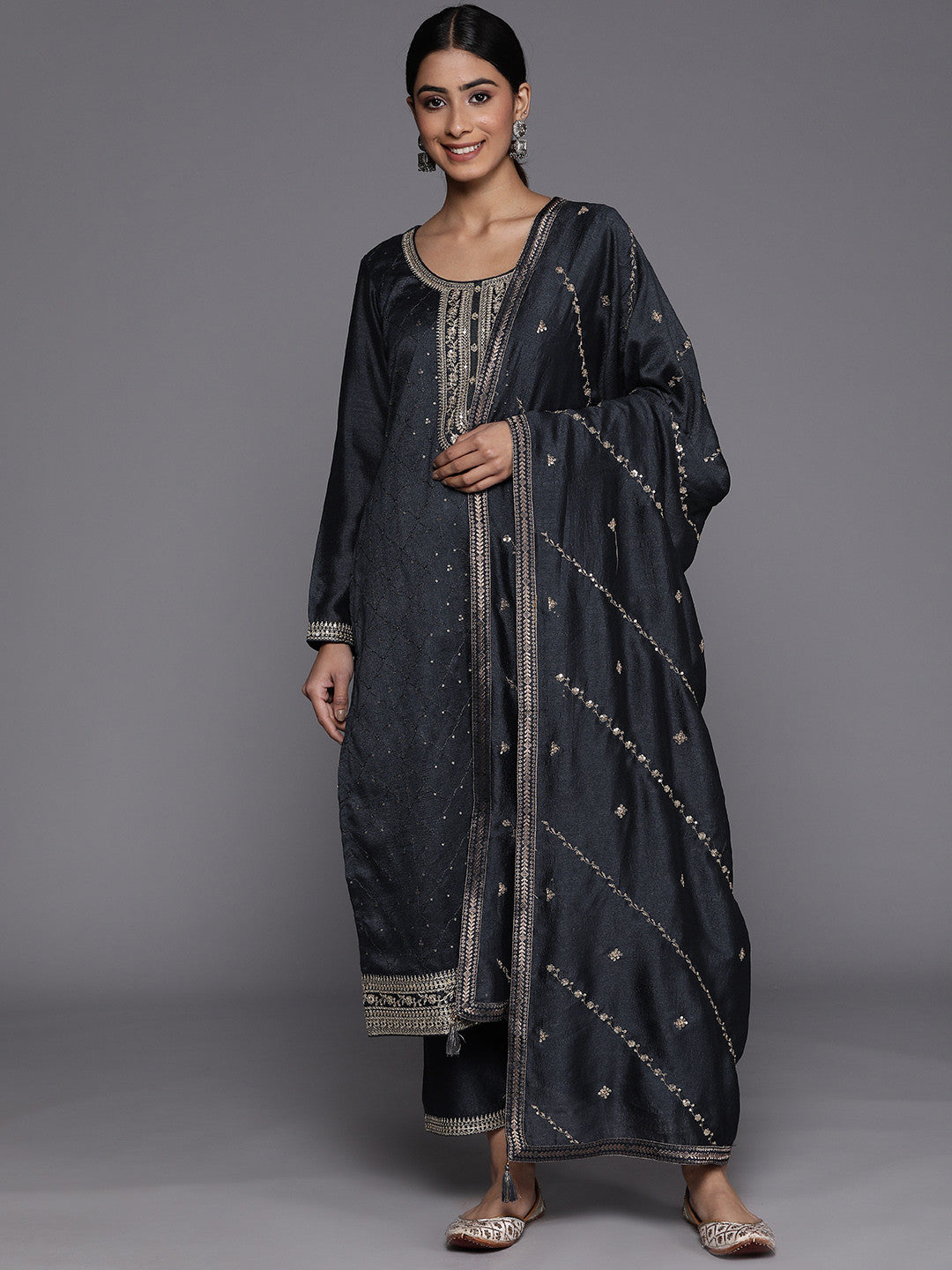 Women Floral Embroidered Sequinned Kurta With Trousers & Dupatta
