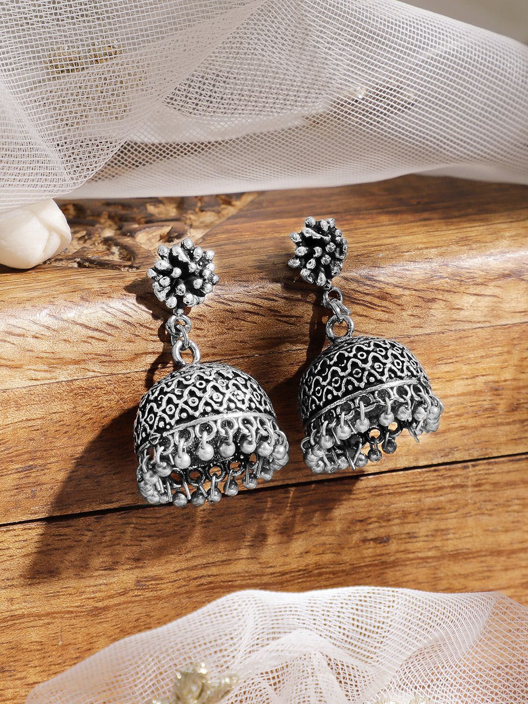 Dhiyona RJ Women's Oxidised Silver-Plated Traditional Jhumka Earrings