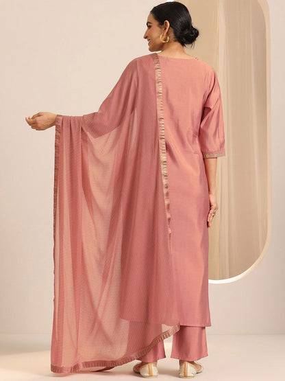 Floral Yoke Design Sequnnied Straight Kurta With Trousers & Dupatta