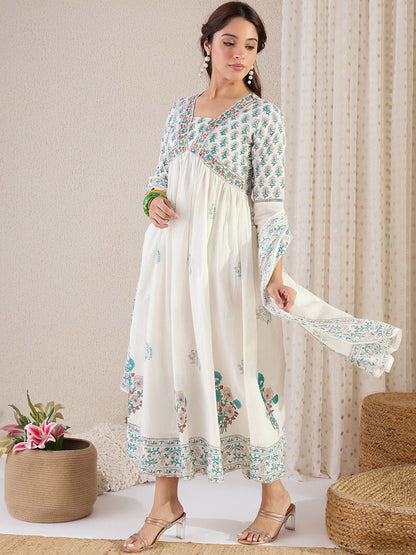 Floral Printed V Neck Empire A Line Pure Cotton Kurta With Trousers & Dupatta