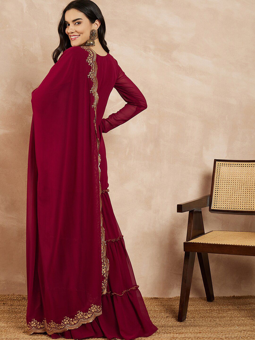 Dhiyona IN Marron & Gold Toned Yoke Design Embroidered Straight Kurta With Sharara & Dupatta