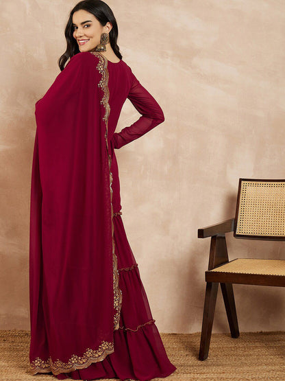 Dhiyona IN Marron & Gold Toned Yoke Design Embroidered Straight Kurta With Sharara & Dupatta