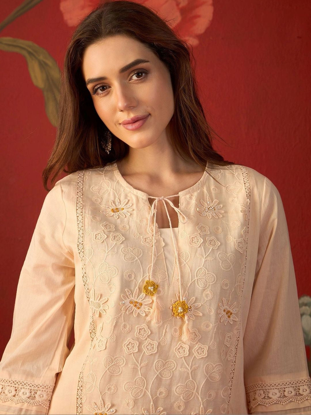 Peach schiffli embroidered cotton tunic and pants