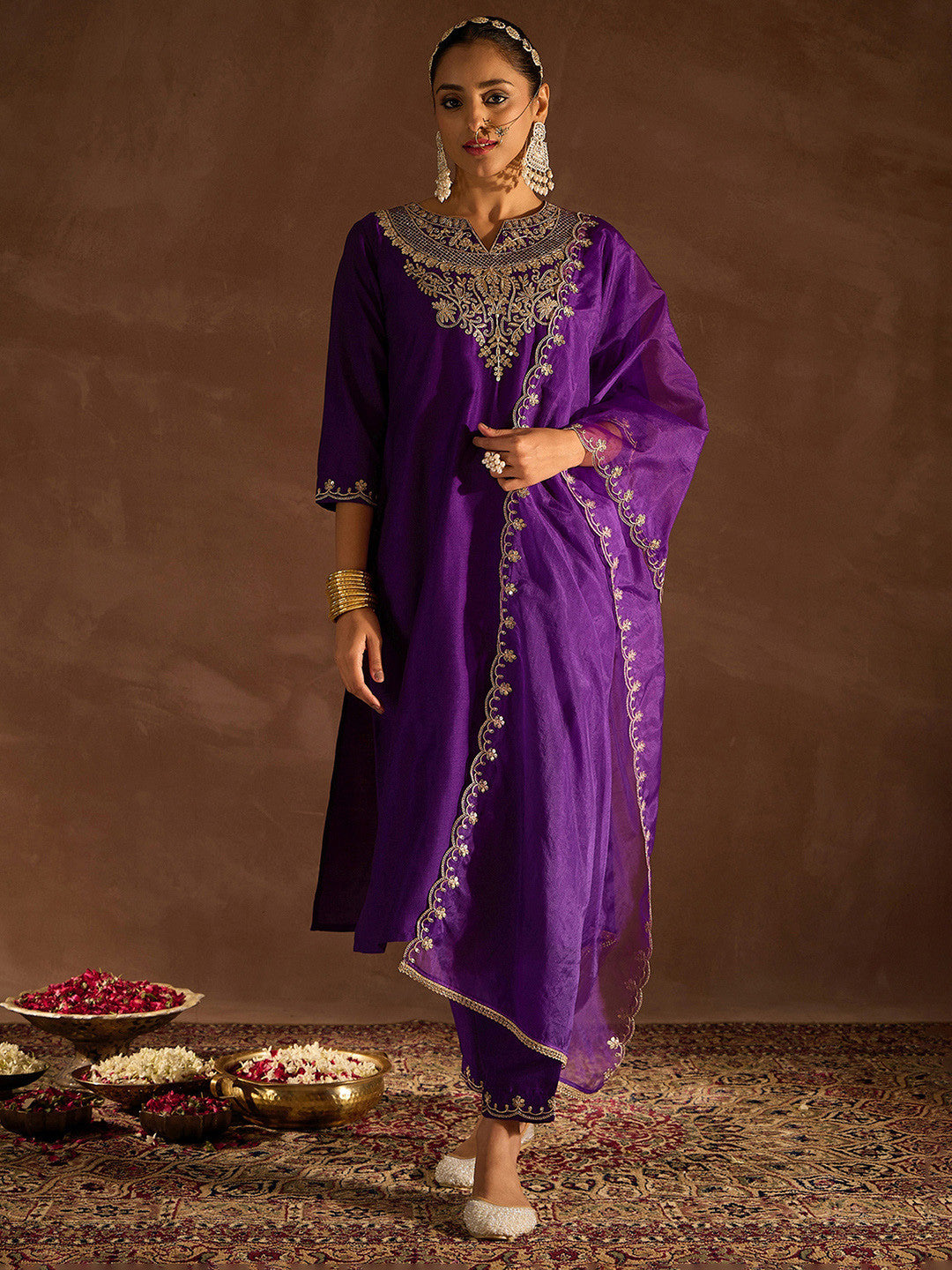 Purple Ethnic Motifs Zari Embroidered Kurta with Trousers & With Dupatta