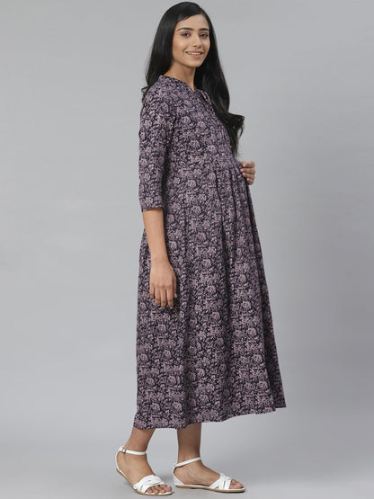 Dhiyona AY Women's Navy Blue & Pink Printed Pure Cotton Maternity A-Line Dress