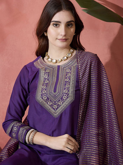 Purple Floral Embroidered Round Neck Straight Kurta With Trouser And Dupatta