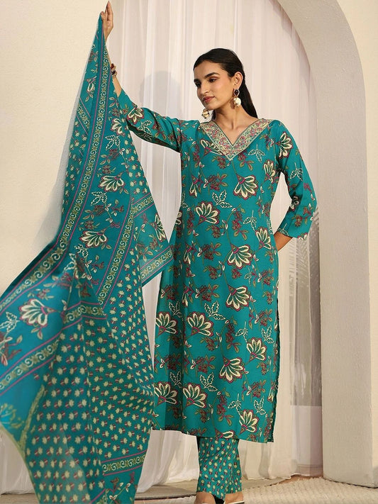 Women Floral Printed Regular Kurta with Trousers & With Dupatta