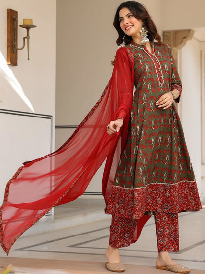 Dhiyona RR Women's Ethnic Motifs Printed Regular Pure Cotton Kurta with Trousers & With Dupatta