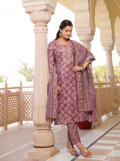 Dhiyona KL Ethnic Motifs Zari Embroidered Straight Kurta With Trousers & Dupatta