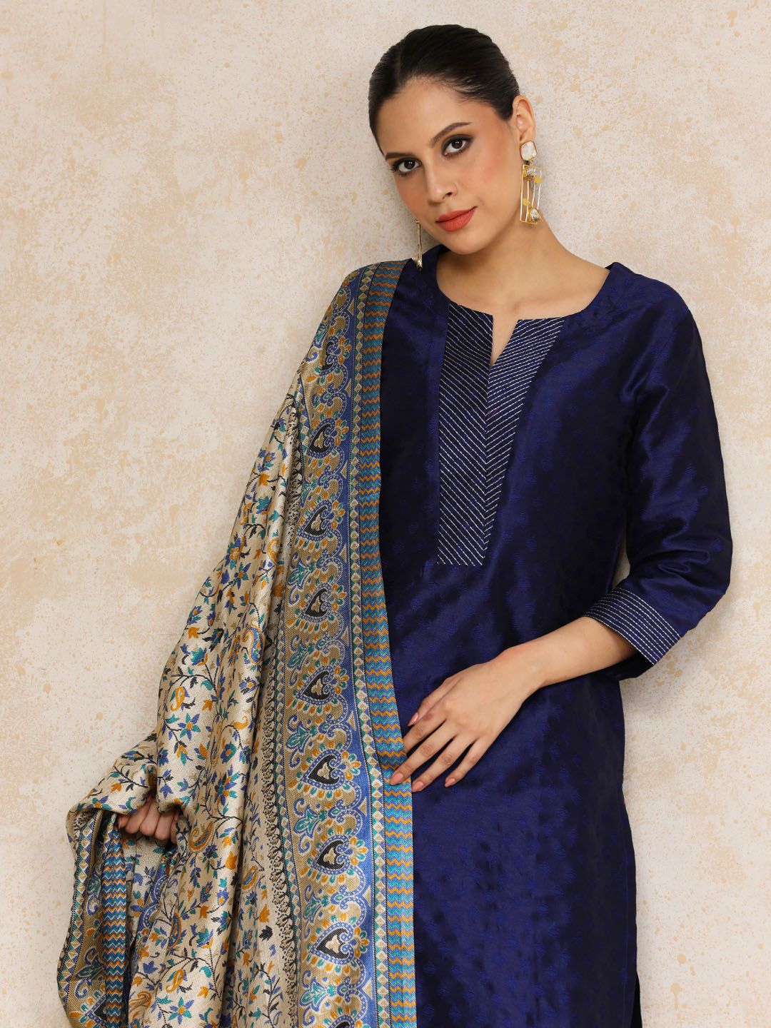 Navy Blue Woven Design Zari Kurta with Trousers & Dupatta