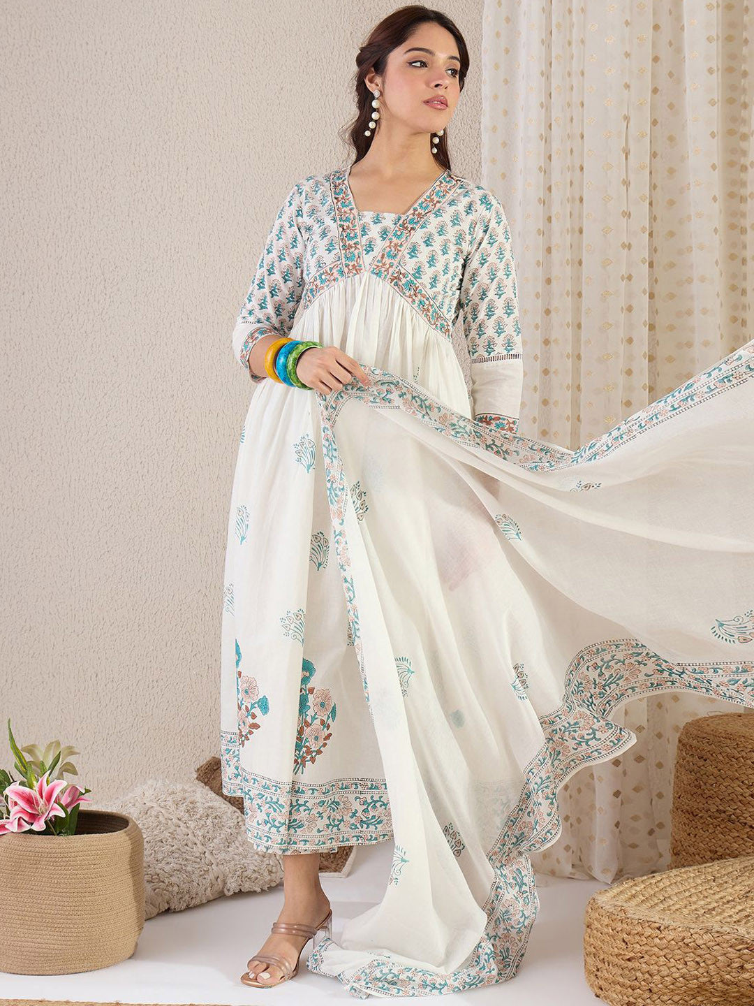 Floral Printed V Neck Empire A Line Pure Cotton Kurta With Trousers & Dupatta