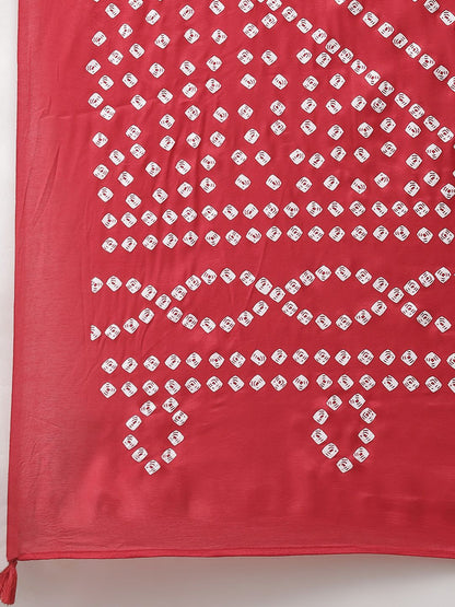 Dhiyona IS Women's Women Red Bandhani Printed Regular Kurta with Trousers & With Dupatta