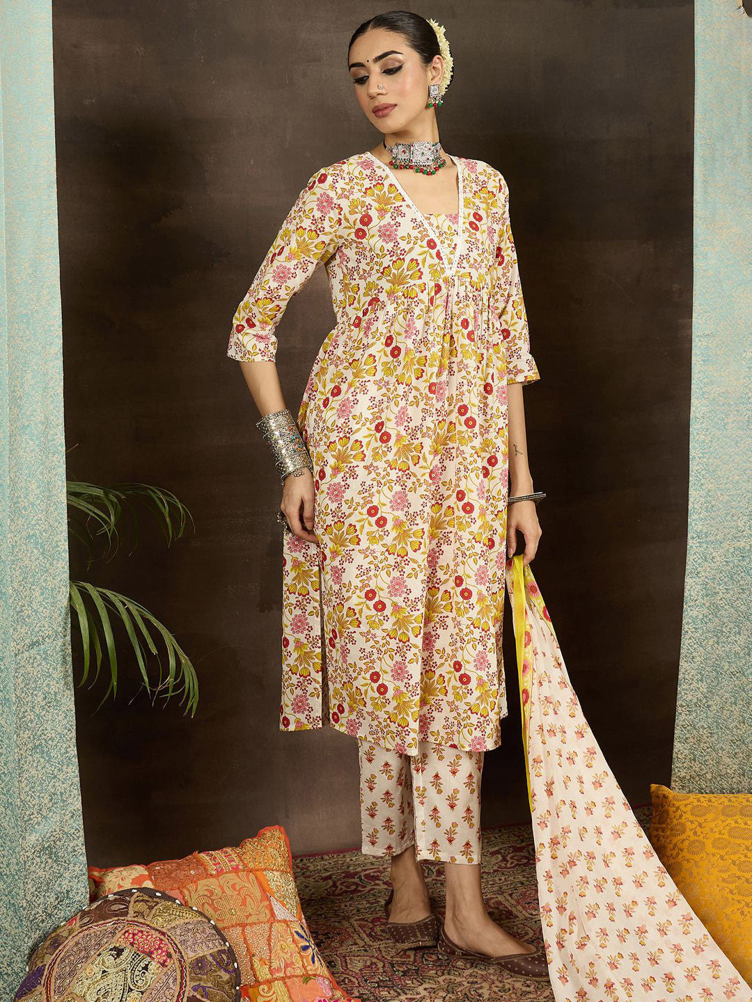 Women Floral Printed Pleated Pure Cotton Kurta with Trousers & With Dupatta