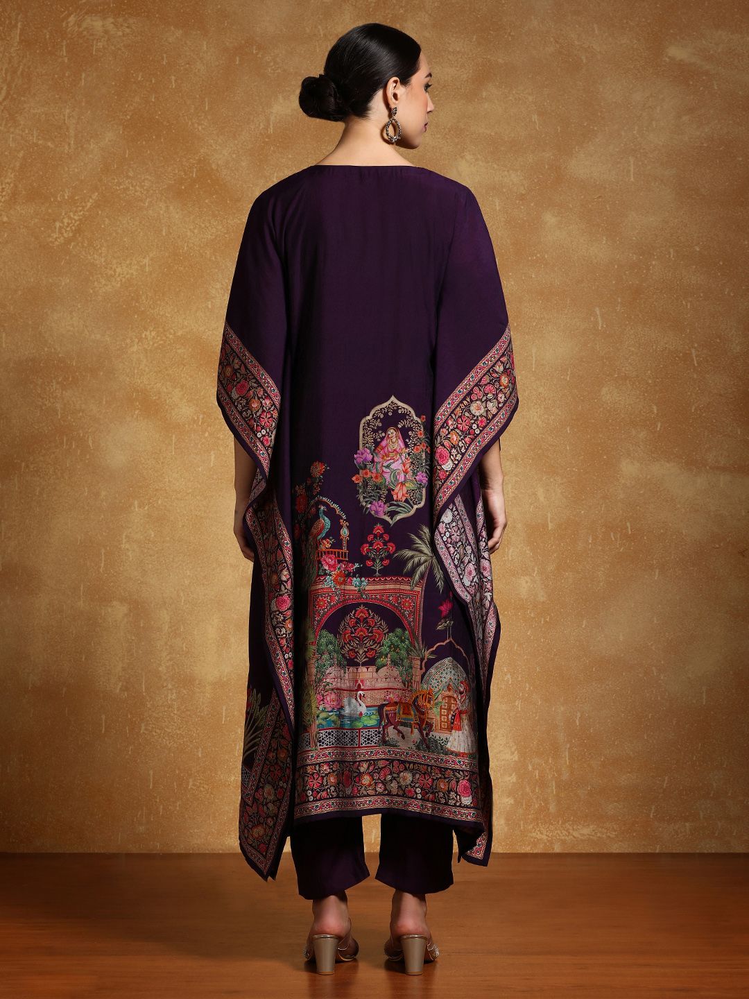 Purple Ethnic Motifs Printed Sequinned Square Neck Kaftan Kurta With Trousers