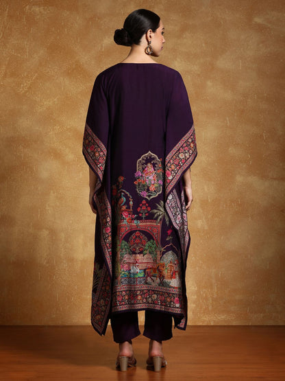 Purple Ethnic Motifs Printed Sequinned Square Neck Kaftan Kurta With Trousers
