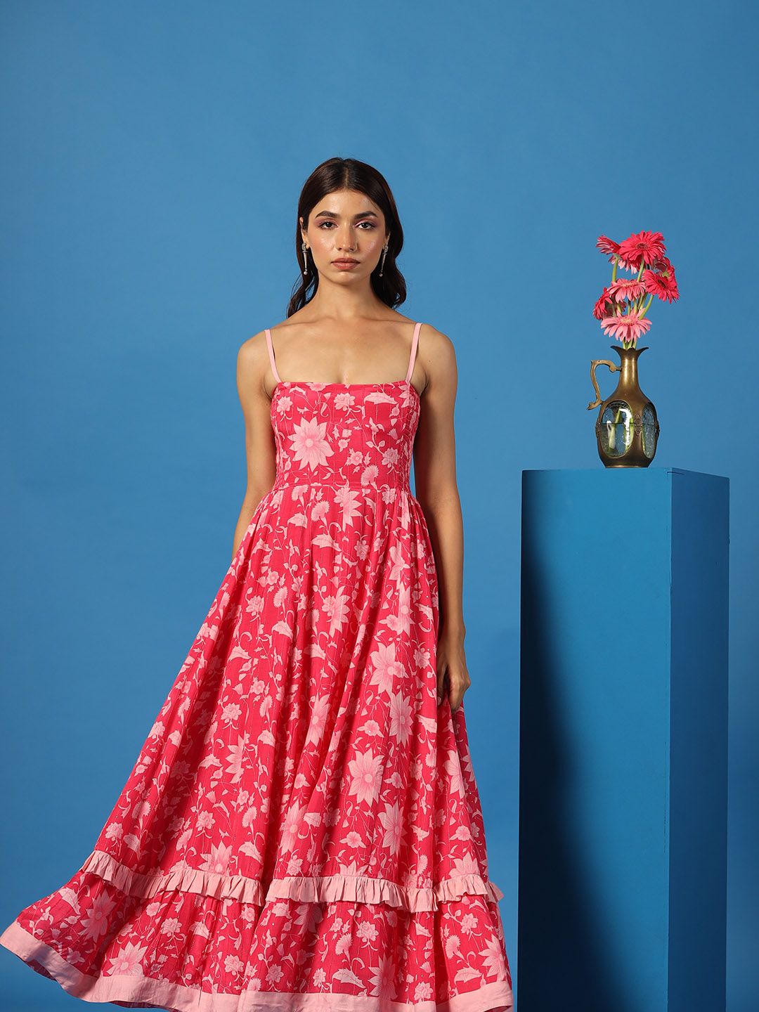 Dhiyona AY Women's Floral Printed Ruffles Fit & Flare Maxi Dress