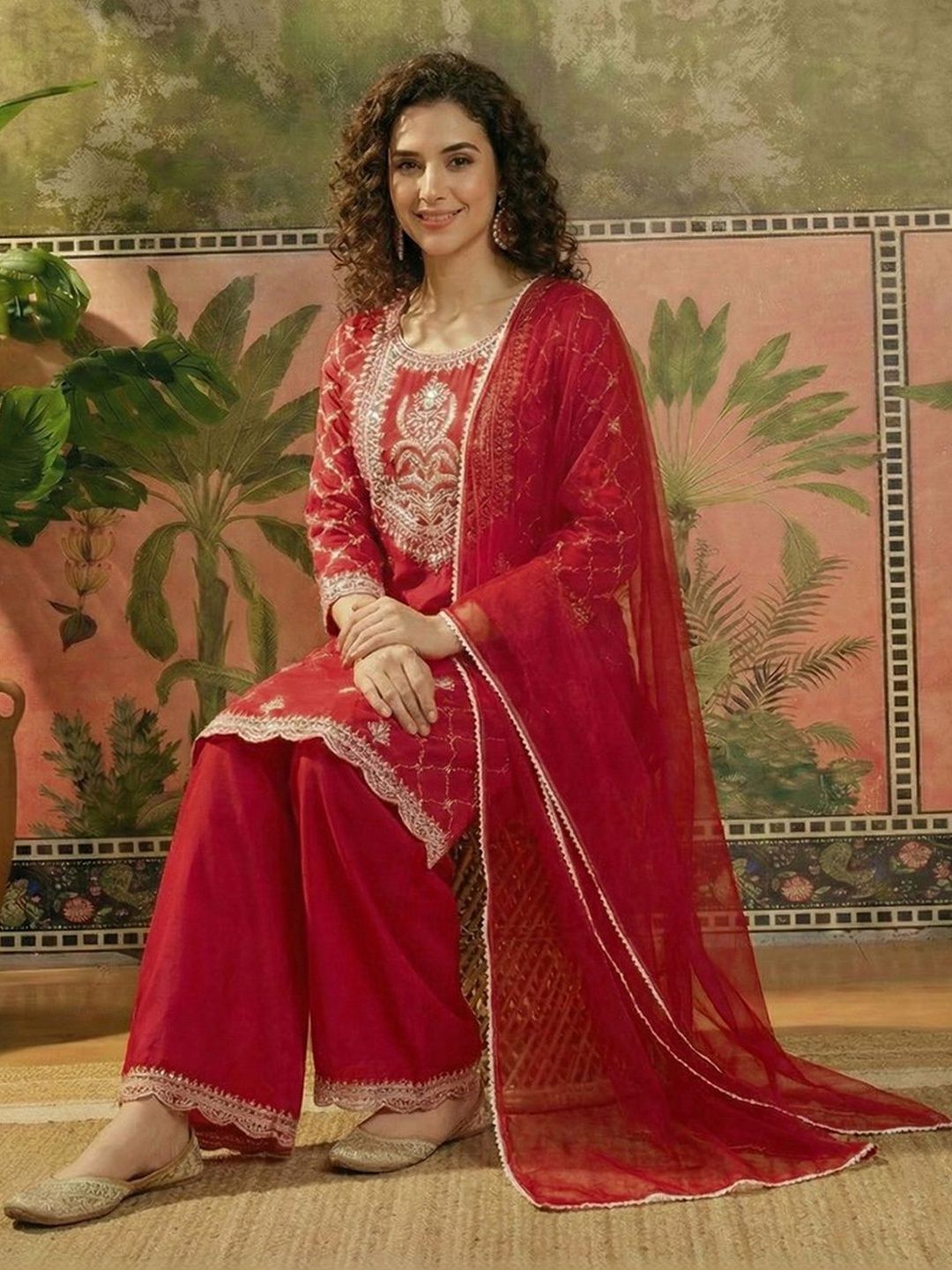 Dhiyona SN Embroidered Round Neck Straight Kurta & Palazzos With Dupatta