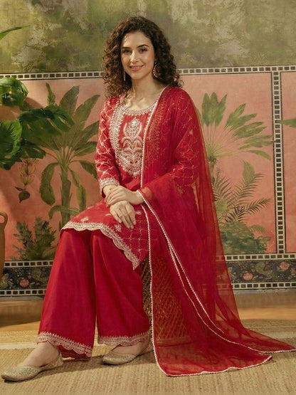Dhiyona SN Embroidered Round Neck Straight Kurta & Palazzos With Dupatta