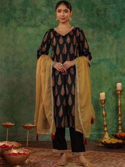 Dhiyona RR Women's Ethnic Motifs Printed Regular Kurta with Trousers & With Dupatta