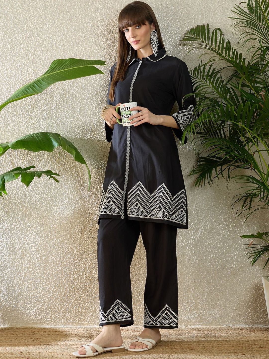 Dhiyona IE Embroidered Thread Work Pure Cotton A Line Kurta With Trousers