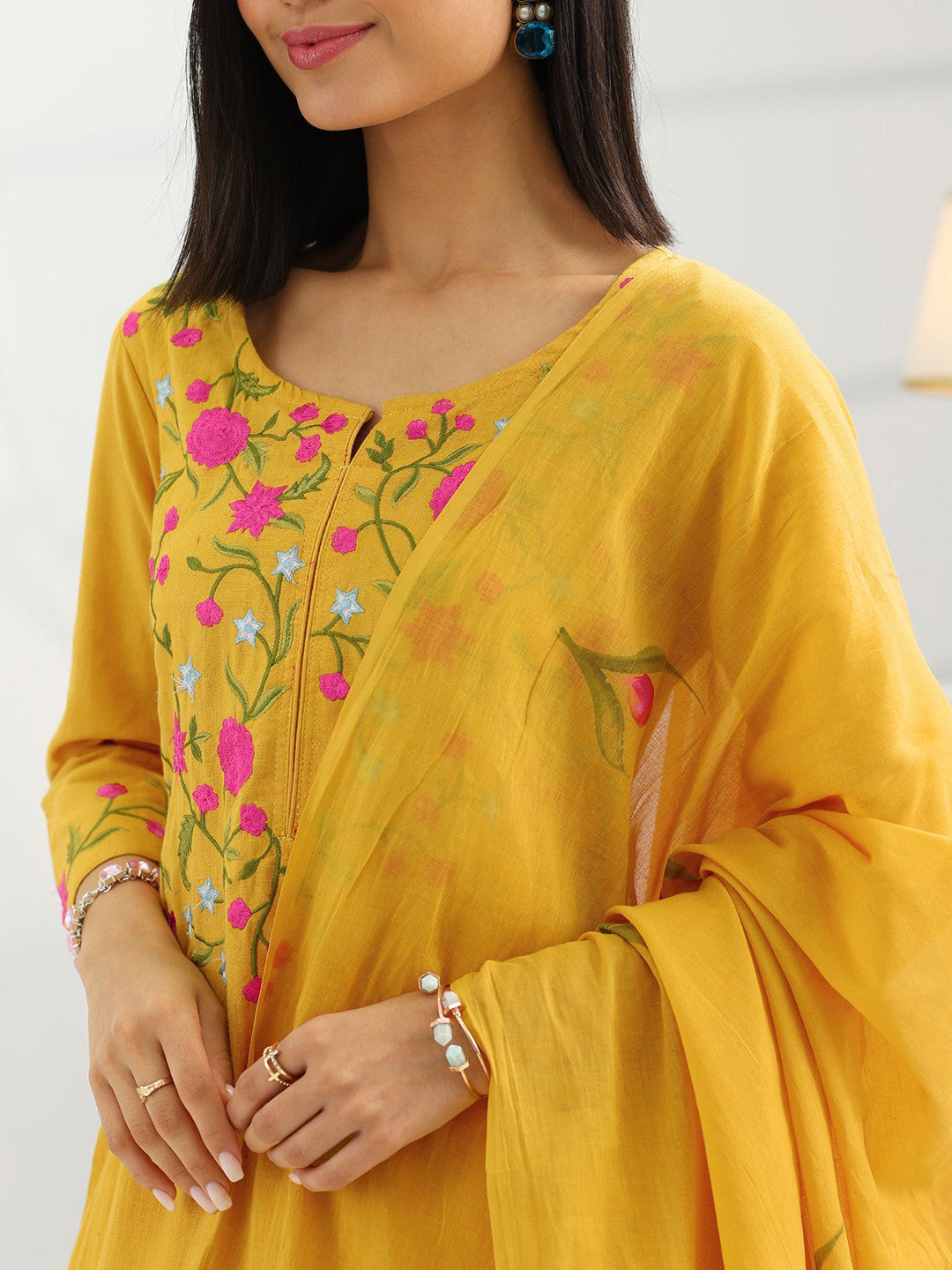 Yoke Design Thread Work Kurta With Trousers And Dupatta