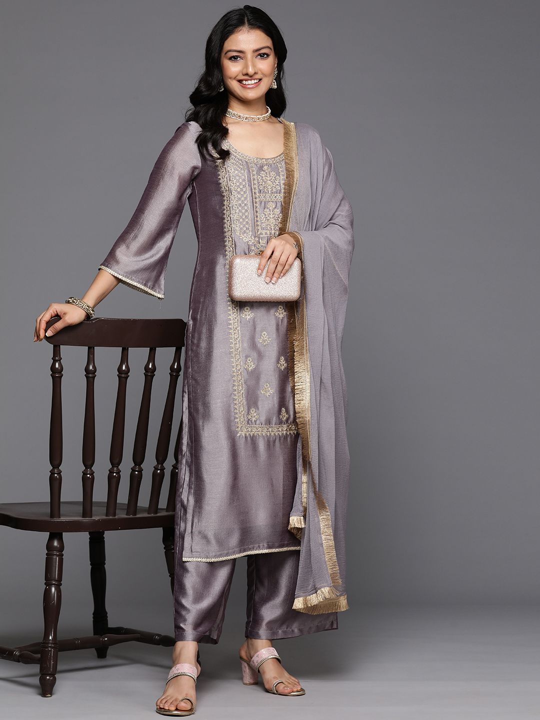 Dhiyona VA Ethnic Motifs Embroidered Zari Kurta With Palazzos & Dupatta