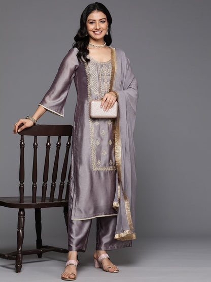 Dhiyona VA Ethnic Motifs Embroidered Zari Kurta With Palazzos & Dupatta