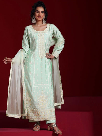 Dhiyona LL Floral Embroidered Regular Sequinned Kurta with Palazzos & With Dupatta