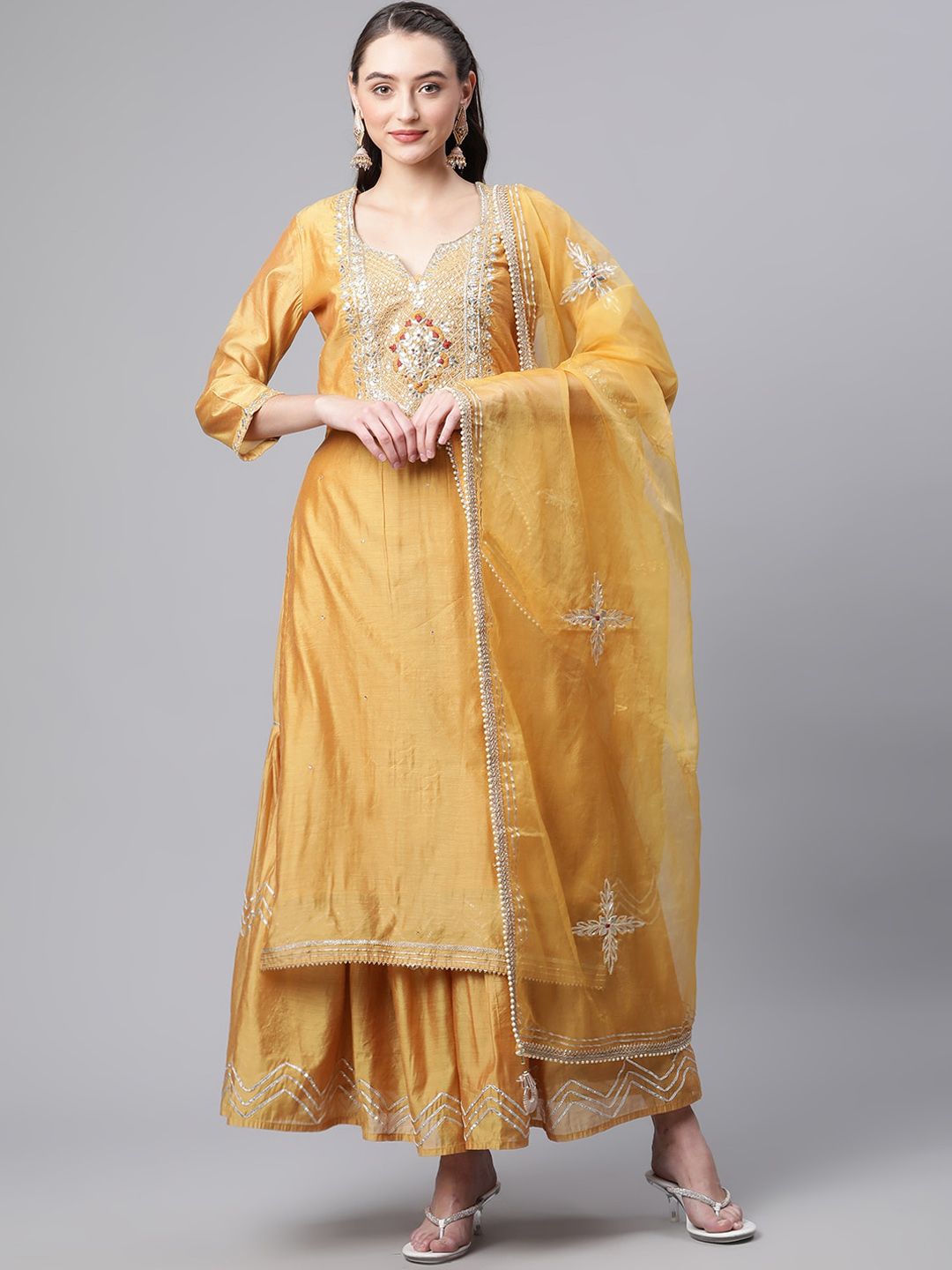 Dhiyona KL Floral Yoke Designed Regular Zari Chanderi Silk Kurta with Sharara & Dupatta