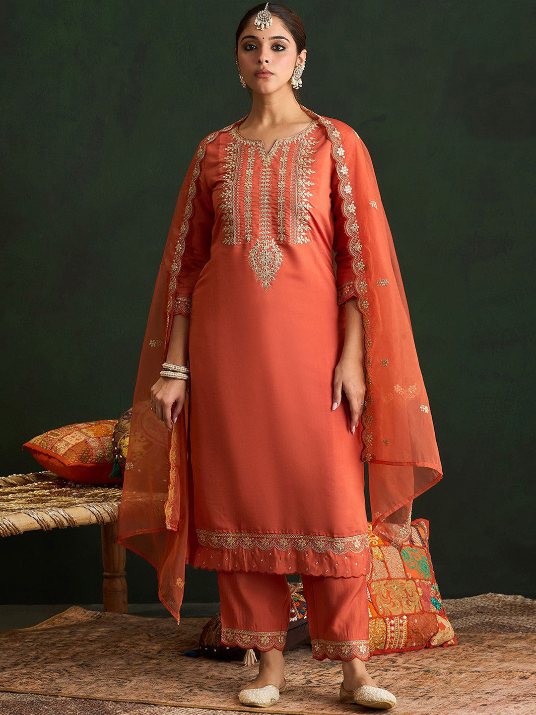 Women Ethnic Motifs Embroidered Regular Gotta Patti Kurta with Trousers & With Dupatta