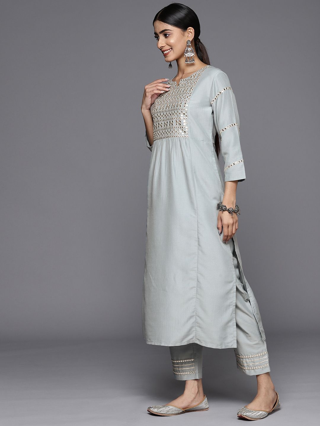 Dhiyona VA Women'sEmbroidered Empire Mirror Work Kurta With Trousers & With Dupatta