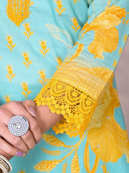 Dhiyona IS Women's Floral Printed Embellished Straight Kurta with Solid Pant and Dupatta