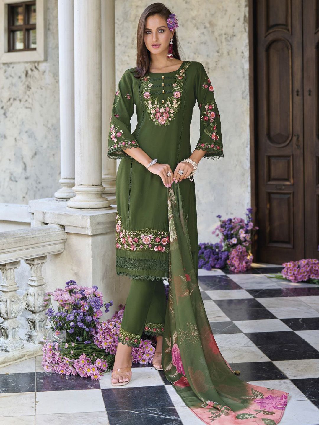 Green Floral Embroidered Thread Work Pure Cotton Straight Kurta With Trouser And Dupatta