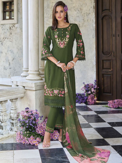 Green Floral Embroidered Thread Work Pure Cotton Straight Kurta With Trouser And Dupatta