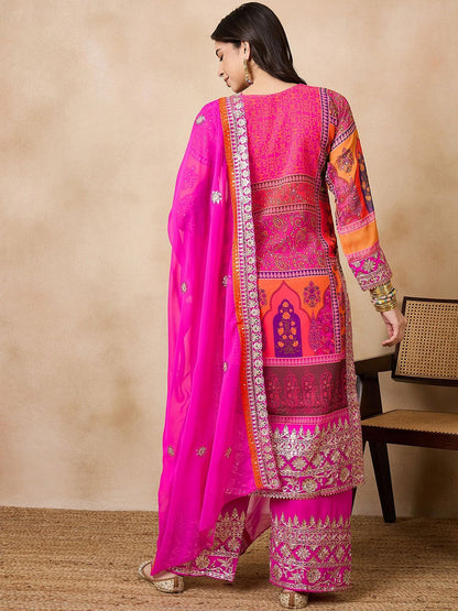 Dhiyona KL Floral Embroidered Regular Beads & Stones Kurta With Palazzos & Dupatta