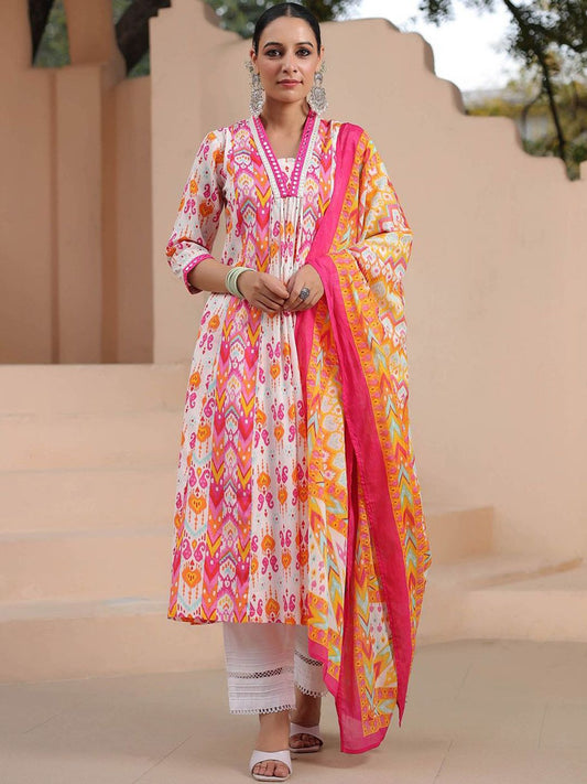 Dhiyona RR Women's Ethnic Motifs Printed Mirror Work Pure Cotton Kurta Trousers & Dupatta