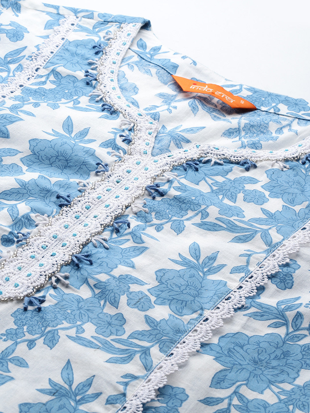 Floral Printed Panelled Beads & Stones Pure Cotton Kurta With Trousers & Dupatta