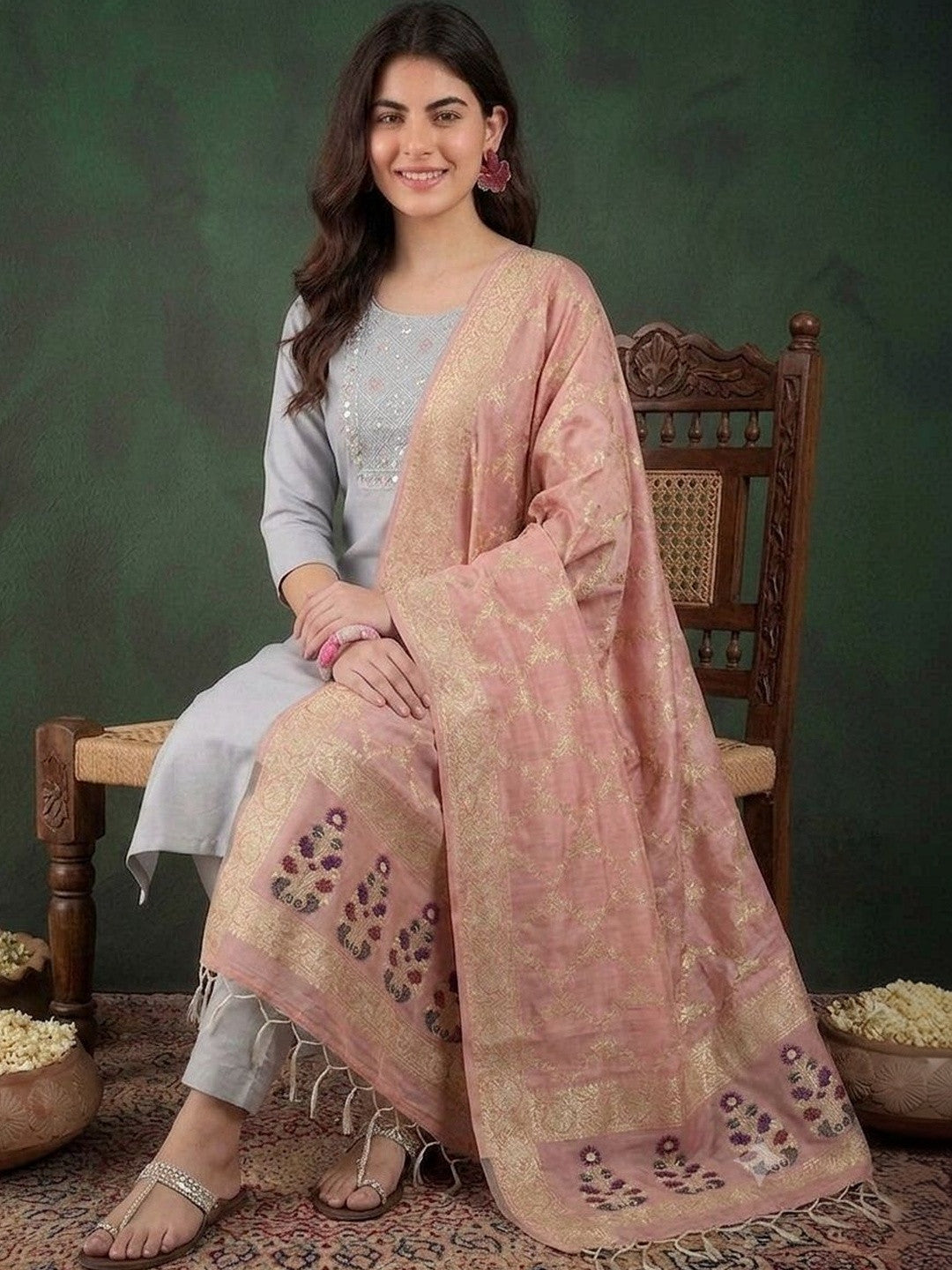 Floral Yoke Design Thread Work Straight Kurta And Trousers With Dupatta